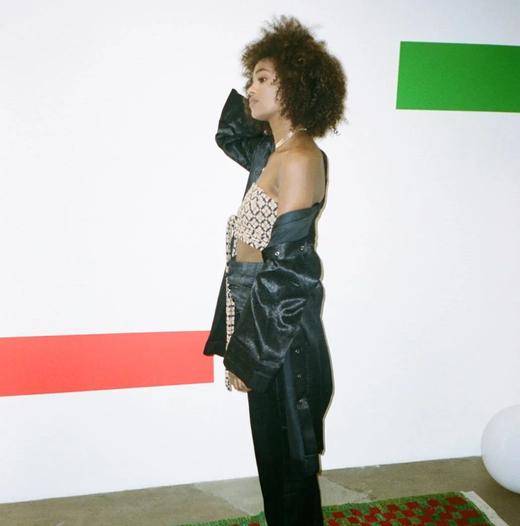 35mm of Kayla in mashroo silk painter's smock and trouser + hand-embroidered jat bandeau
