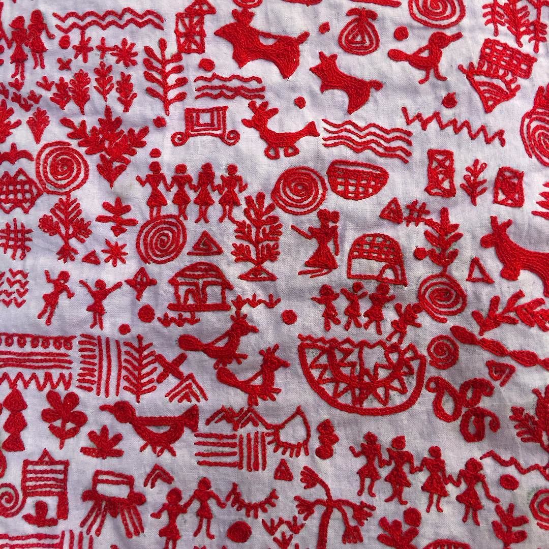 red warli on lavender khadi // hand-embroidery from Ahmedabad