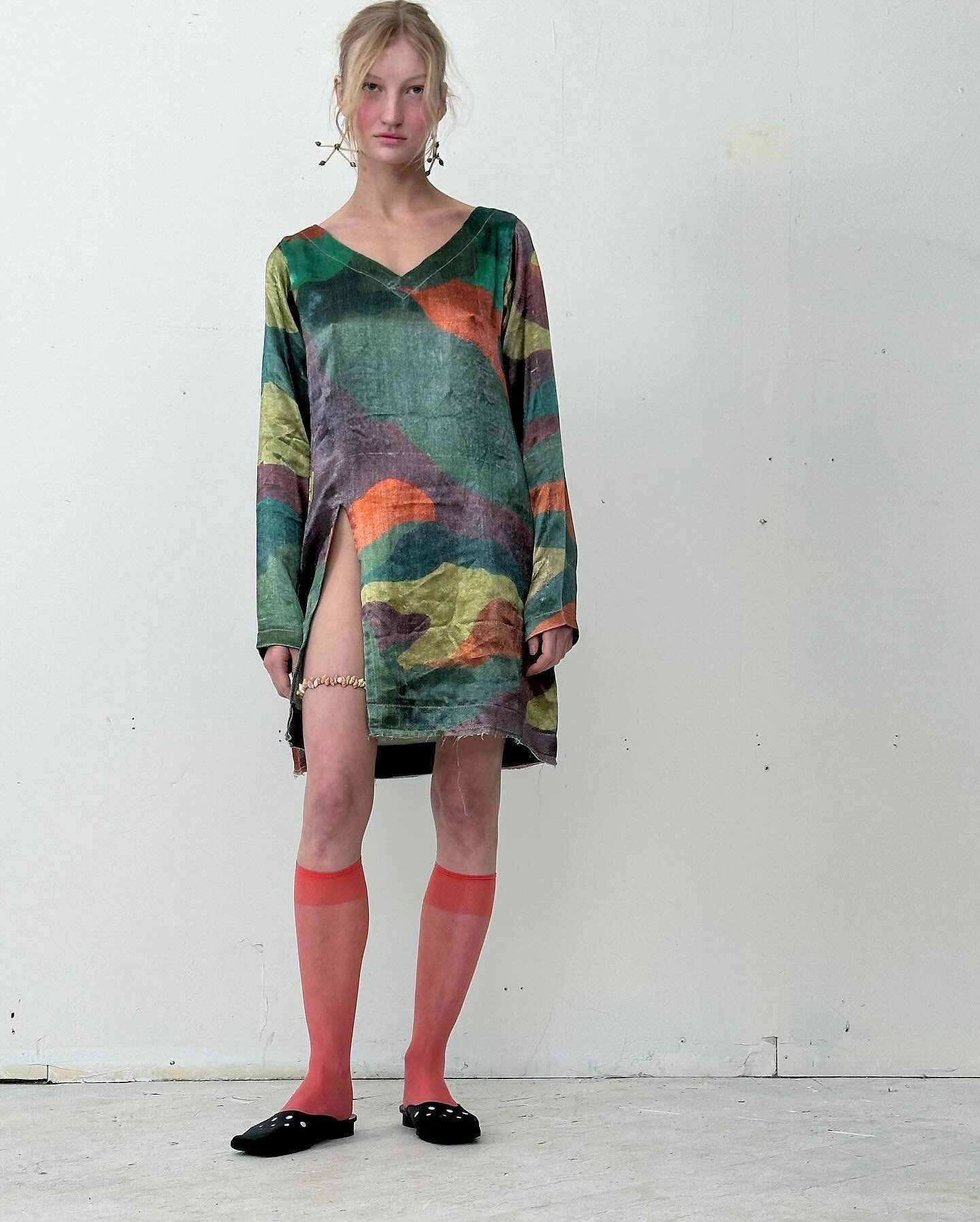 Pauline in studio in hand-printed camo mashroo mini dress
Now available in our web shop