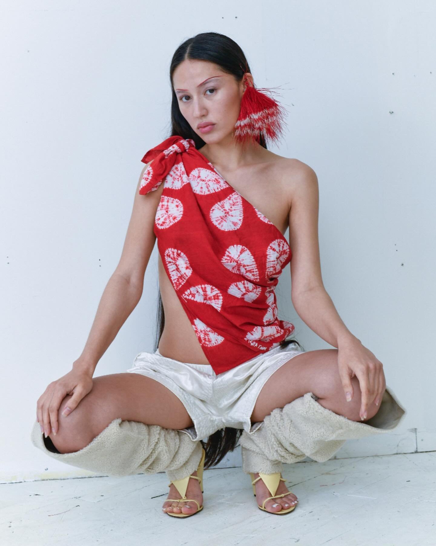 Karine in hand-dyed shibori flower scarf and quilted mashroo kantha sport short // now online TigraTigra.com