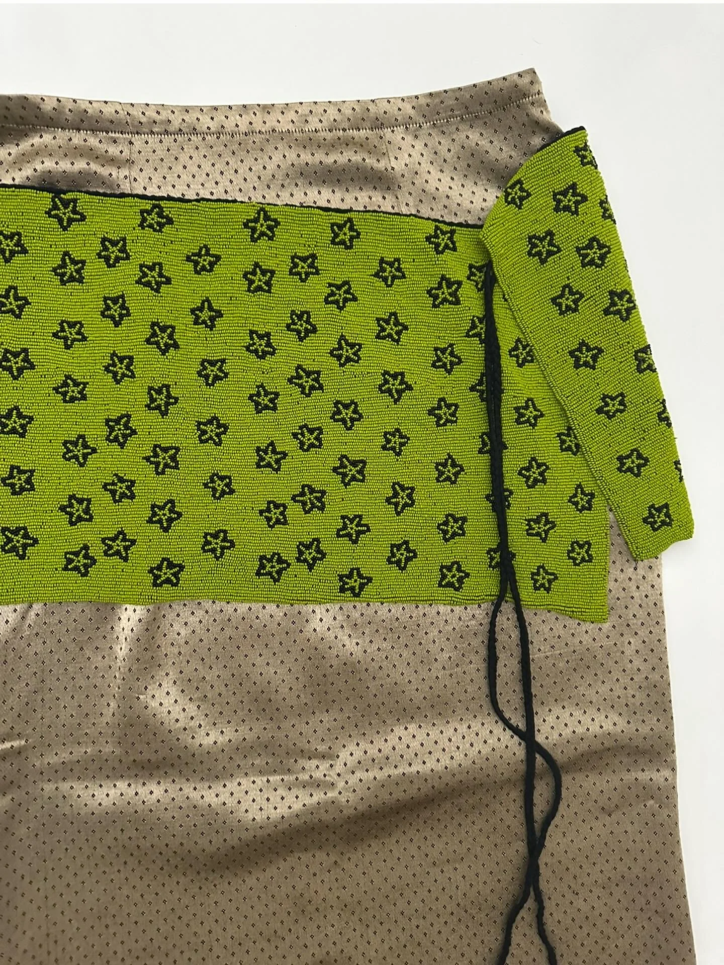 detail // glass beaded belt and silver jacquard silk mashroo slip skirt