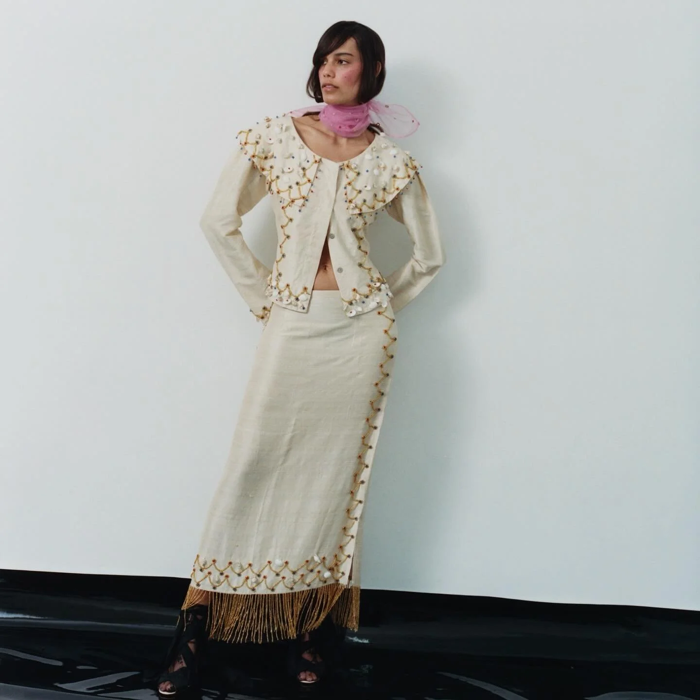 raw silk pirate top and skirt with glass beadwork and shells // collection 16