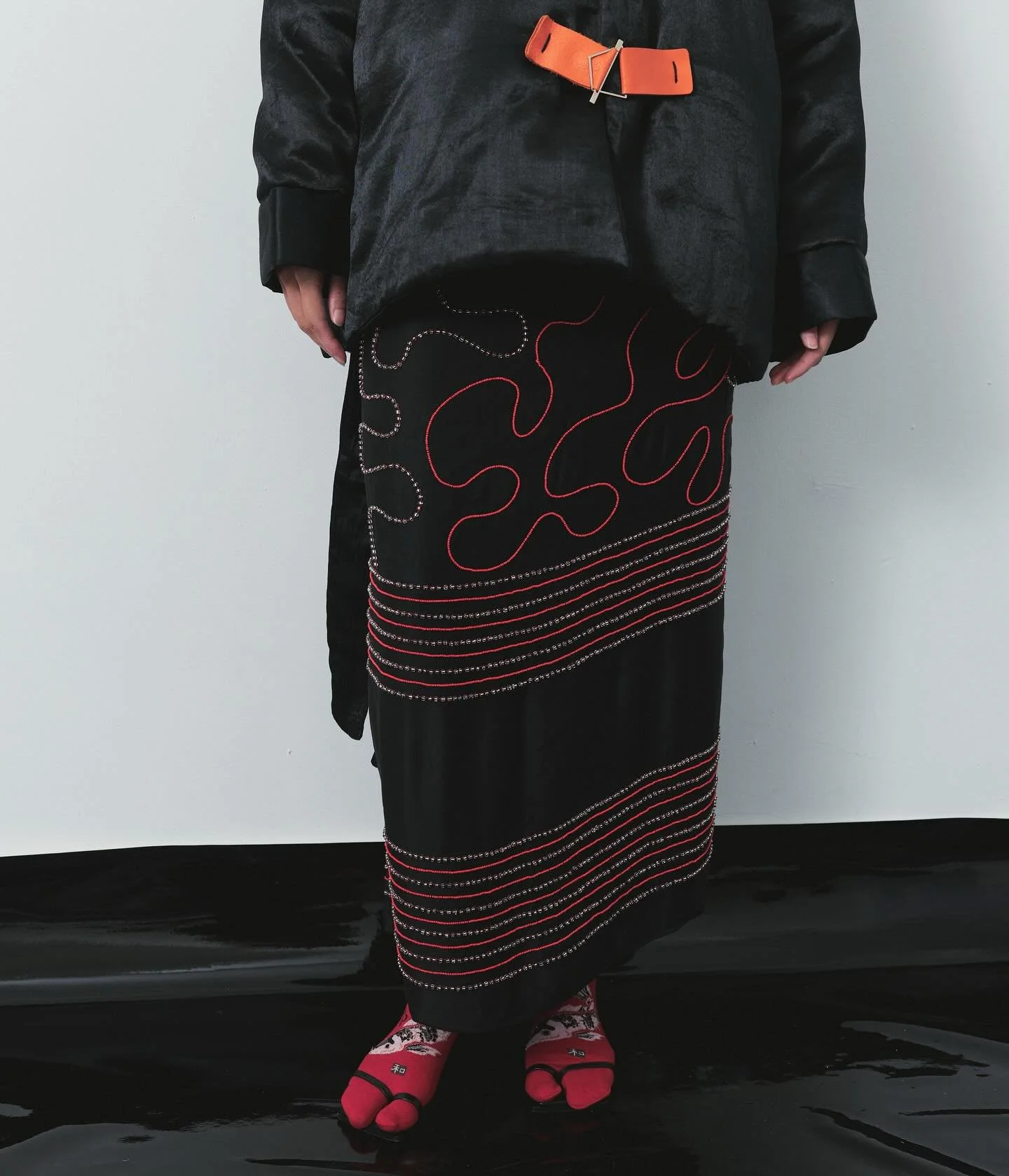 hand-woven silk mashroo wrap skirt with glass beadwork in clear and red / made by hand in Ahmedabad