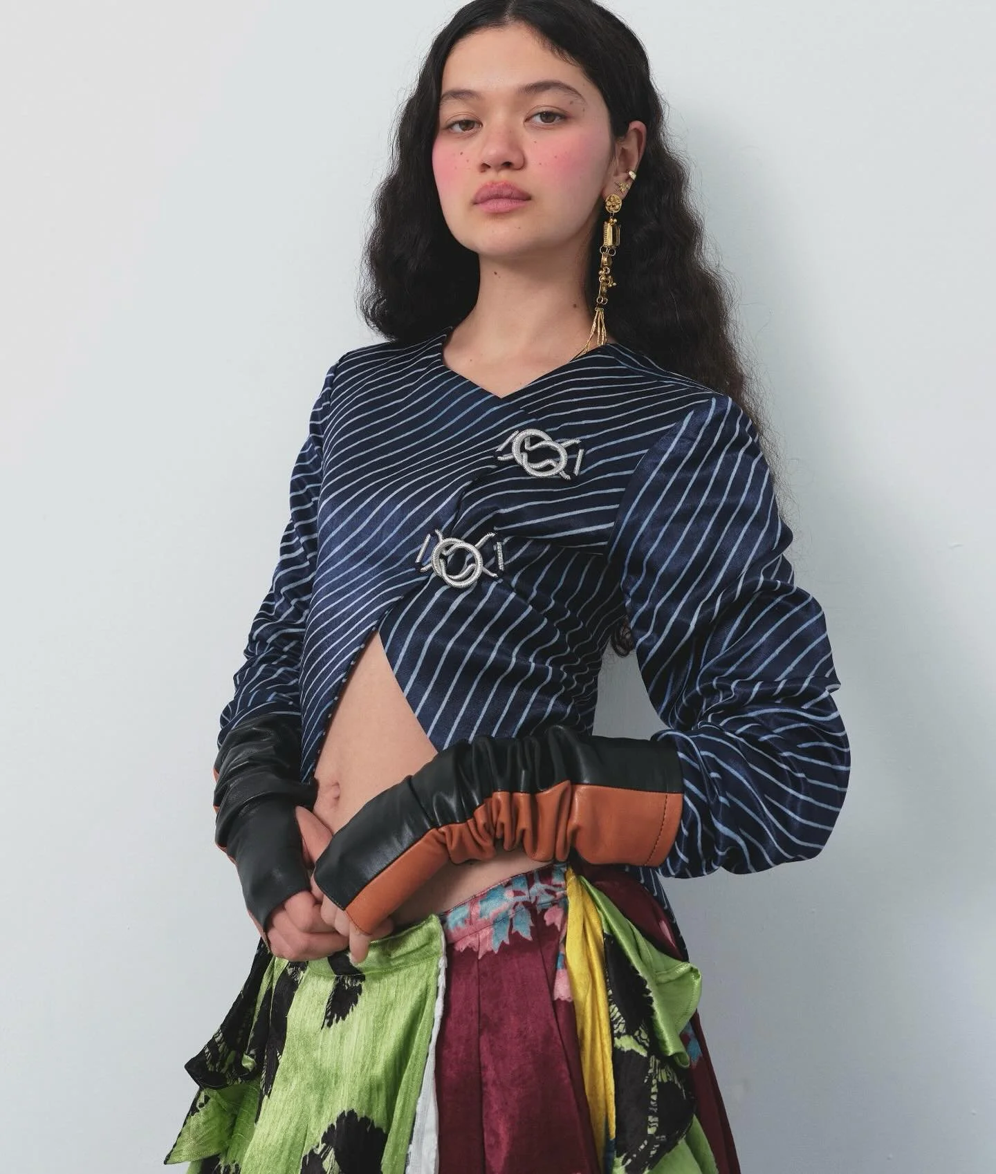 Maddux in the hand block printed stripe silk mashroo asymmetrical jacket with metal clasps / collection 16