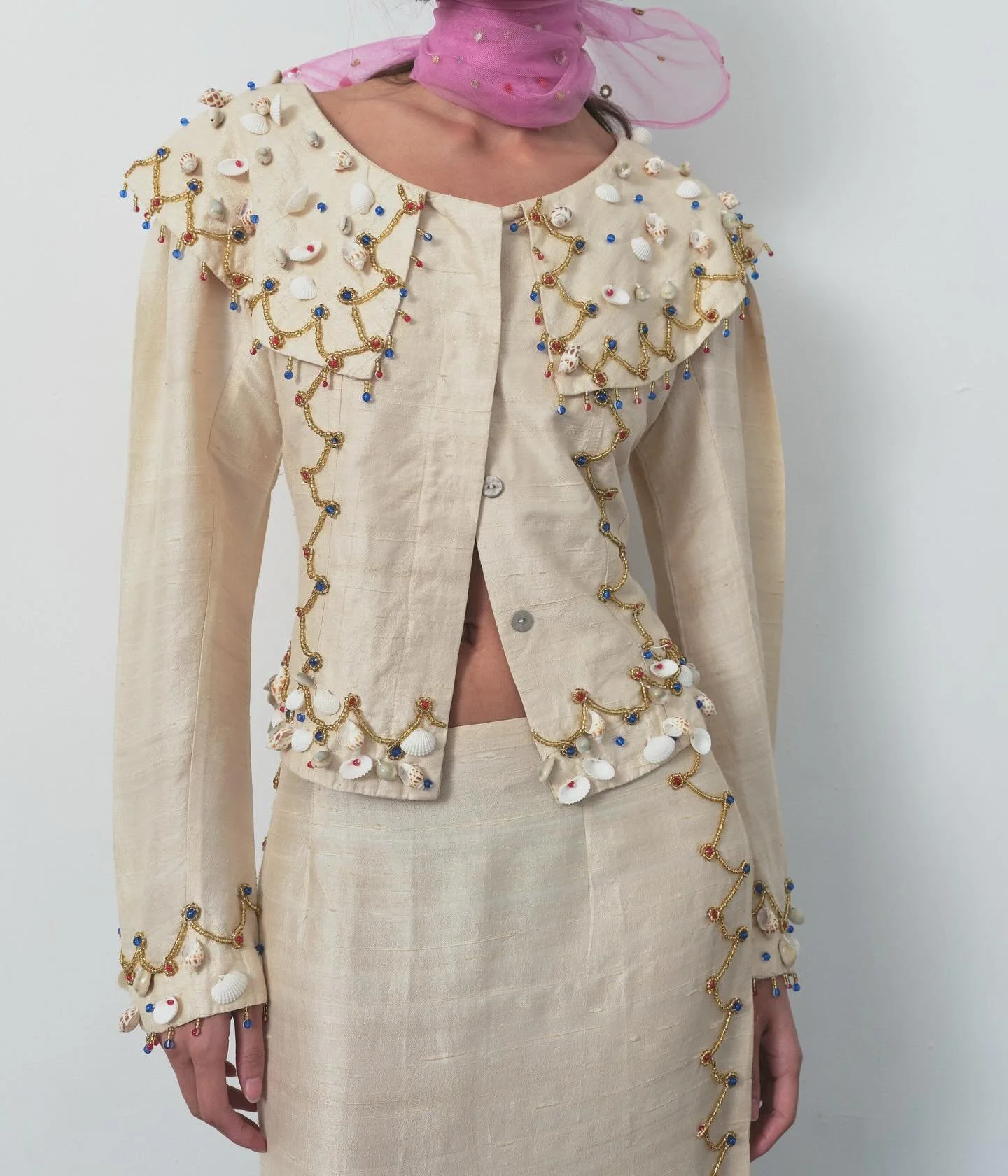 Hand-woven raw silk pirate top and skirt with glass beadwork and found shells / made by hand in Ahmedabad, India