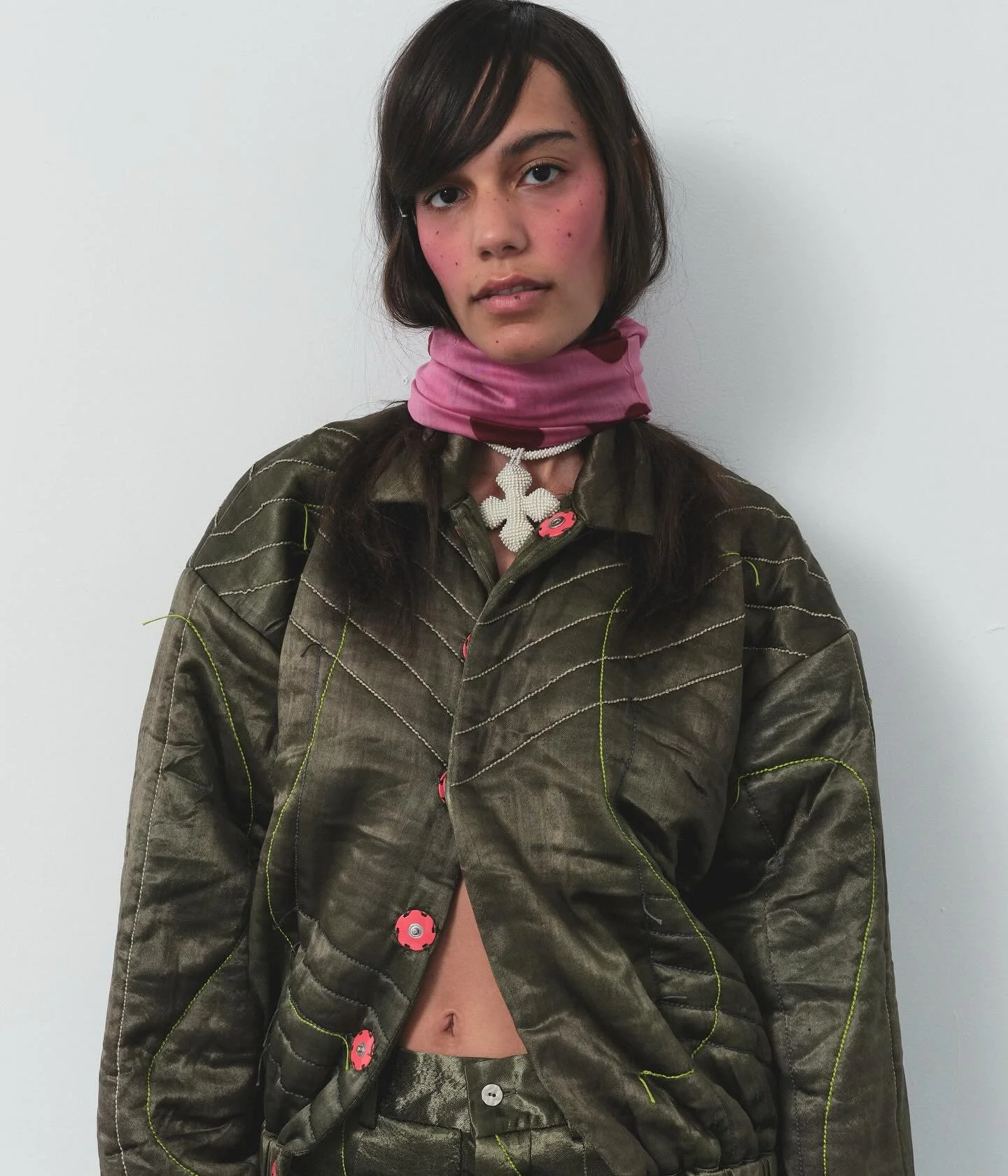 hand-woven silk mashroo bomber jacket and puff pant with hand-embroidery / made in Gujarat, India