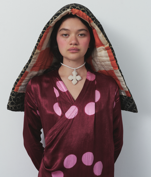 MOON DYE WRAP DRESS with GLASS BEADED FRINGE, MAROON with PINK  TIGRA TIGRA