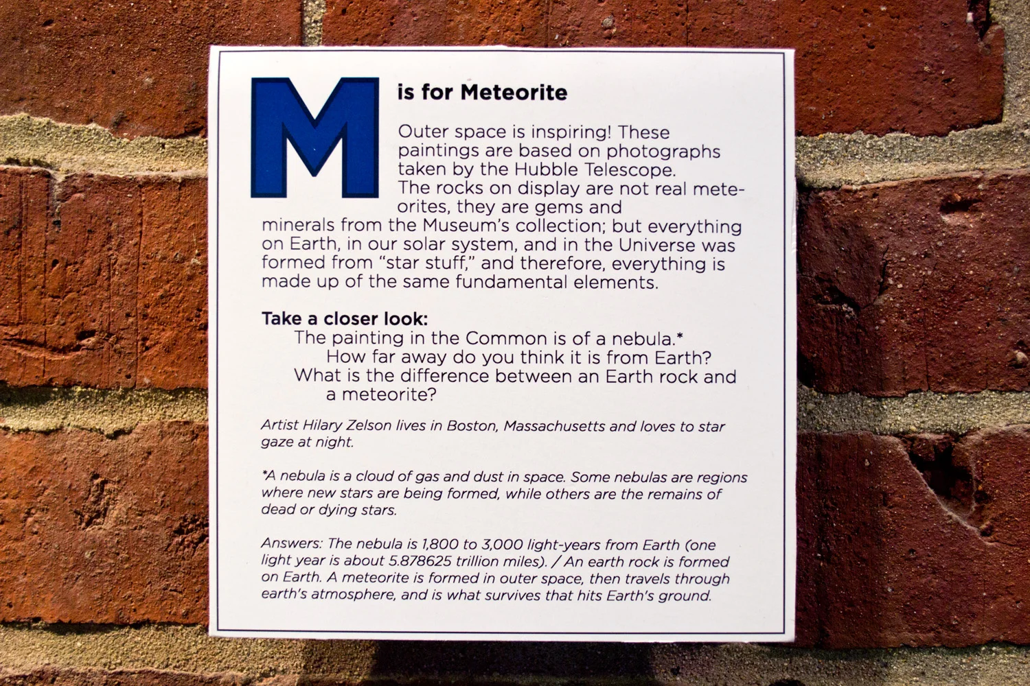 Label for "M is for Meteorite" at Boston Children's Museum!