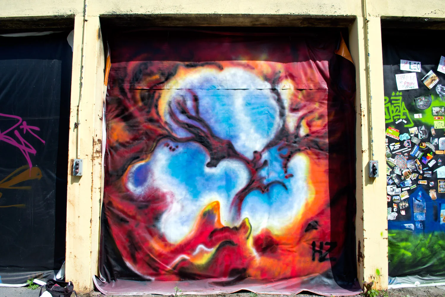 In May, 2013, I was one of eighty artists to descend on the former MBTA Bartlett Bus Yard and the future home of Bartlett Place, a major new residential and retail development in Roxbury, MA. The mission was simple; to transform an abandoned eye soar into the largest collection of Street Art that Boston has ever seen. This was my first mural, and my first time experimenting with spray paint. Due to time limitations and on-site material constraints, I was unable to create the mural using glitter, and instead, used an array of spray paint. The entire process took approximately five hours to complete.