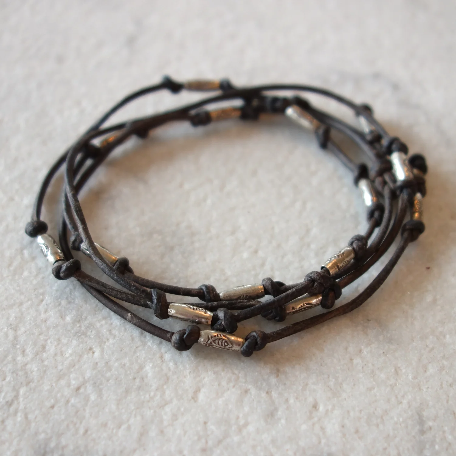 Thai silver and leather wrap around bracelet