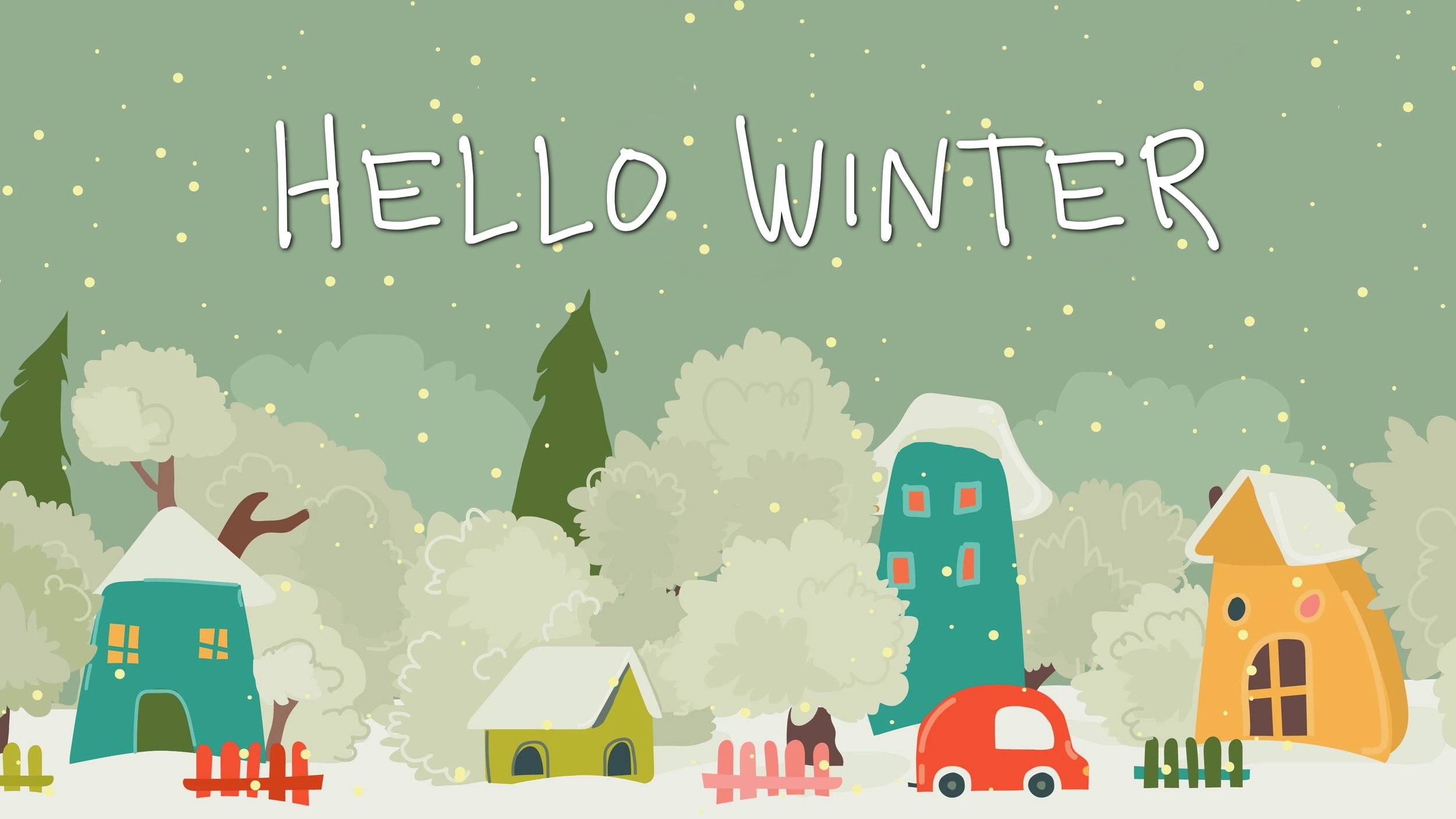 Snow is falling on a small group of houses with a car parked on the street