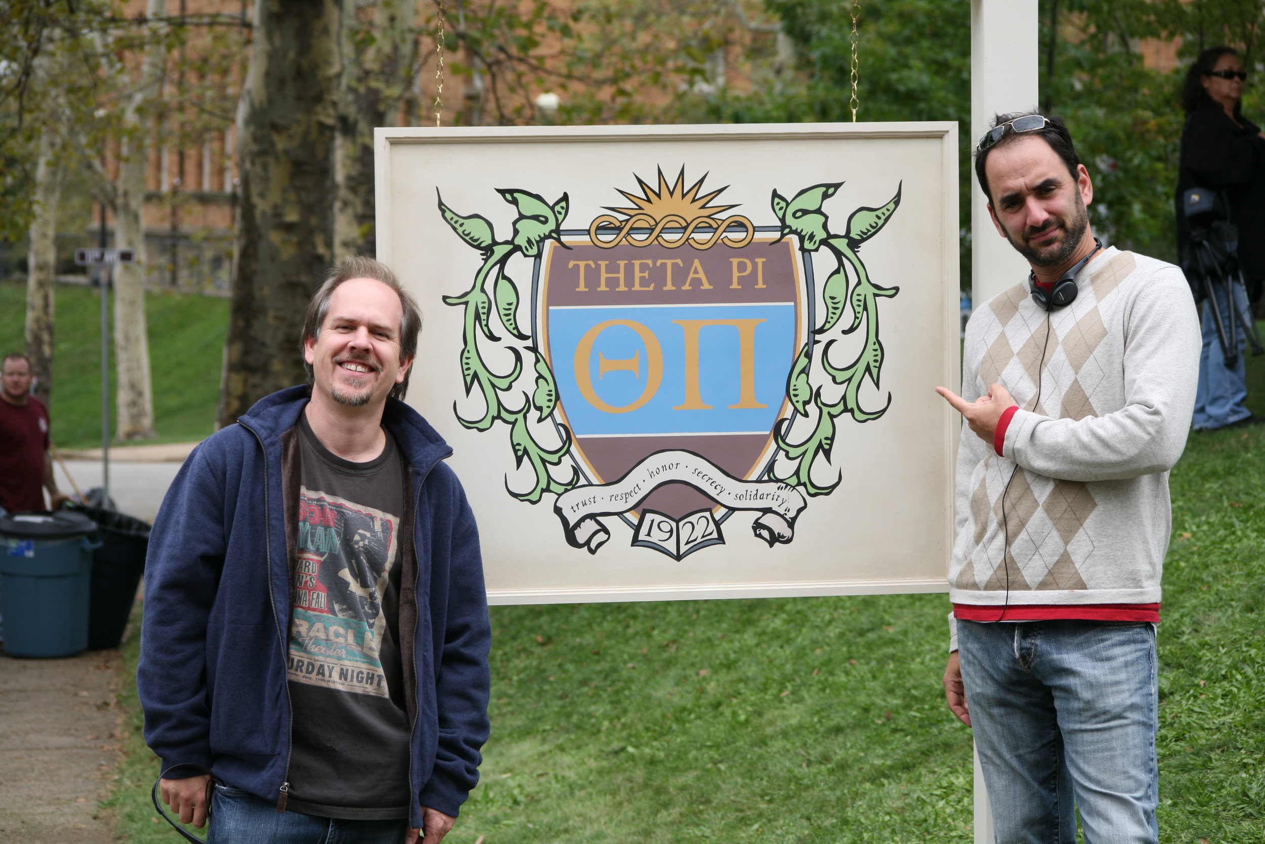 At the Theta Pi house with co-writer Pete Goldfinger on Sorority Row