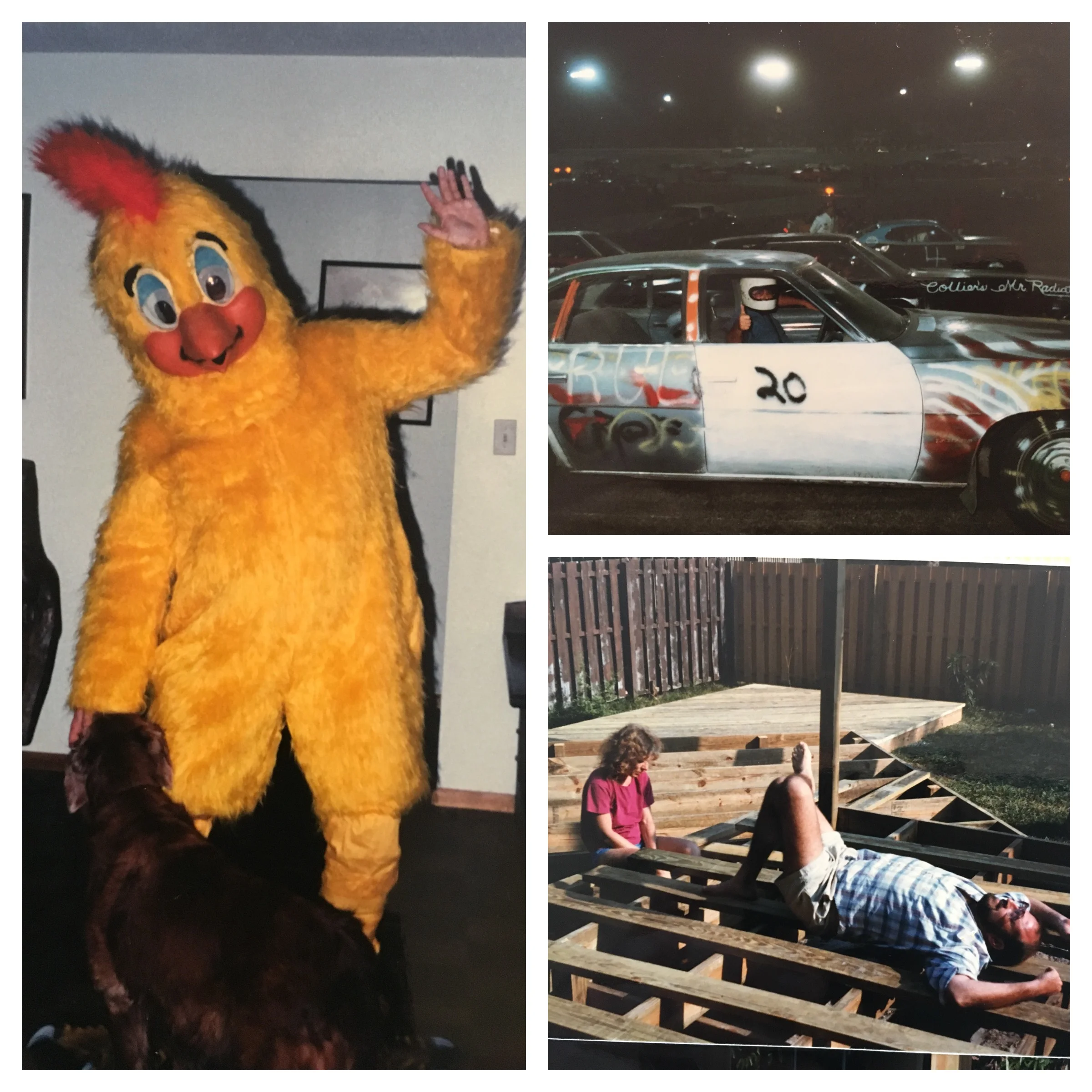 1) Dad playing dress up; 2) my dad's demolition derby, and; 3) a break on our back porch. 