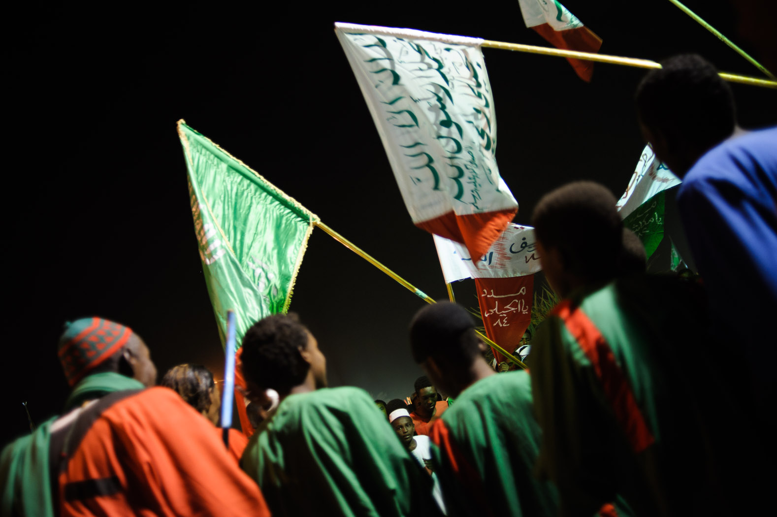 The flags of different groups of sufis fly during Mawlid celebrations in Omdurman.
