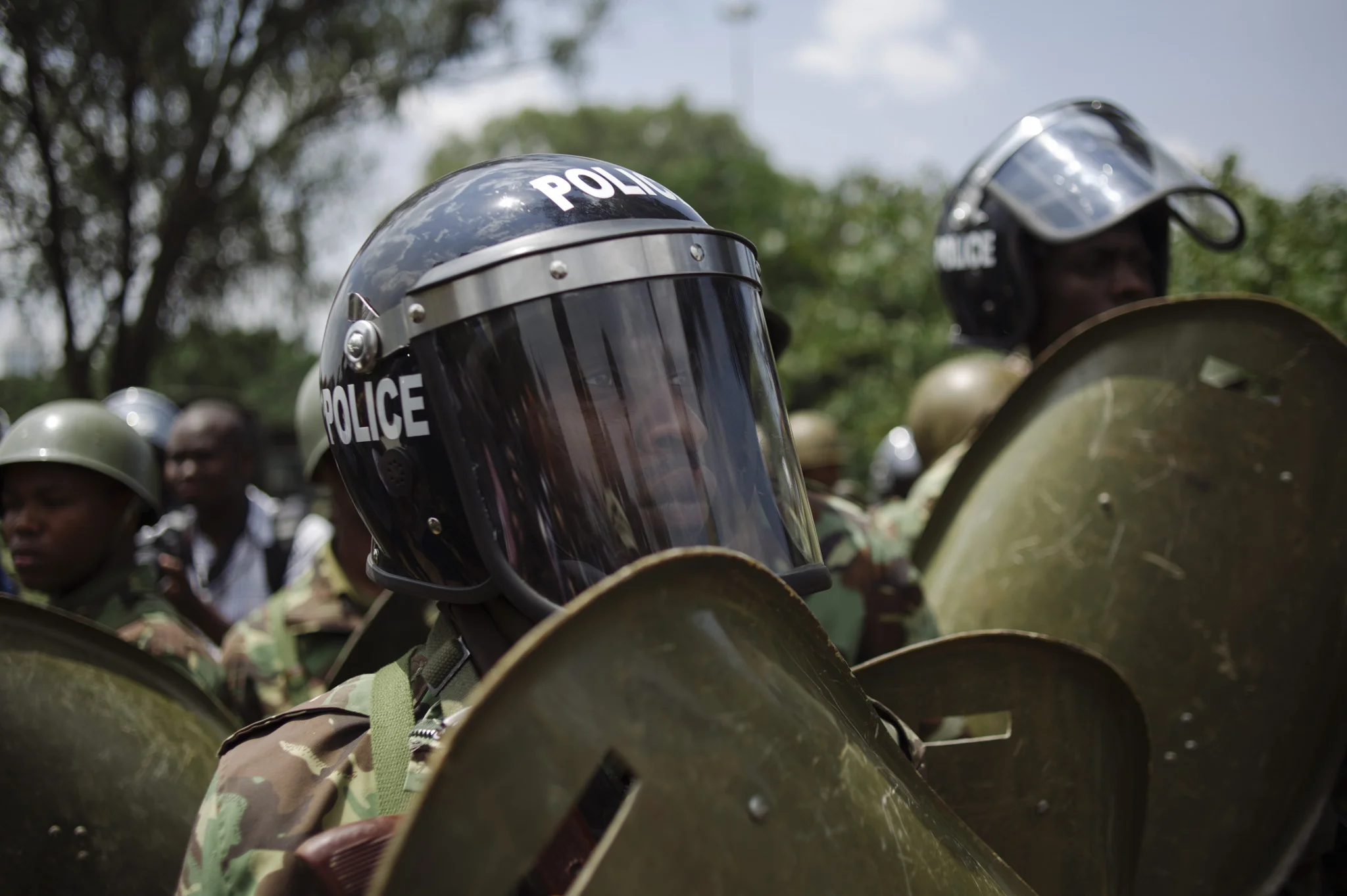 Protestors were met by groups of anti-riot police.