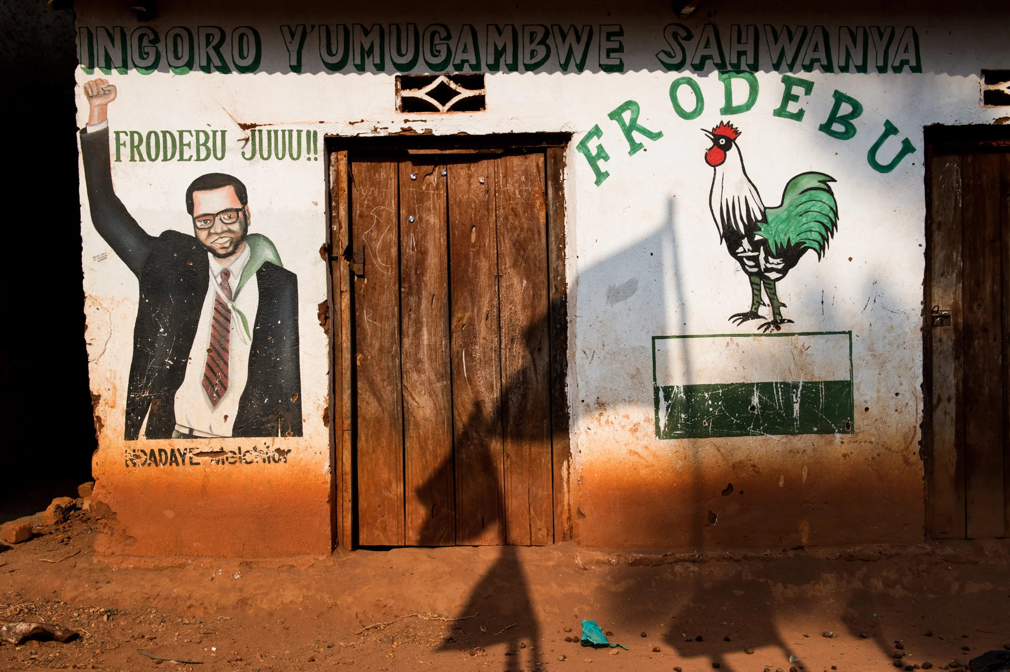 Local offices of the FRODEBU party, pictured in the village of Kazirabageni in southern Burundi on June 17, 2015. The offices feature a mural of Melchior Ndadaye, the first democratically elected president of Burundi, known locally as "the hero of democracy", assassinated three months after taking office.