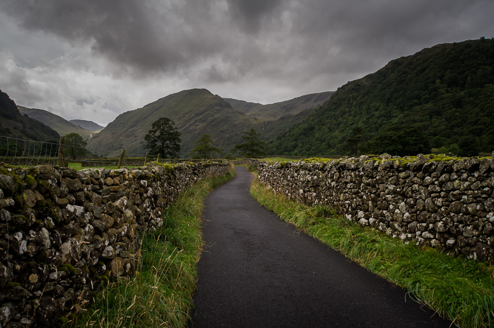  The road to Thorneythwaite Farm, in the Borrowdale Valley. 