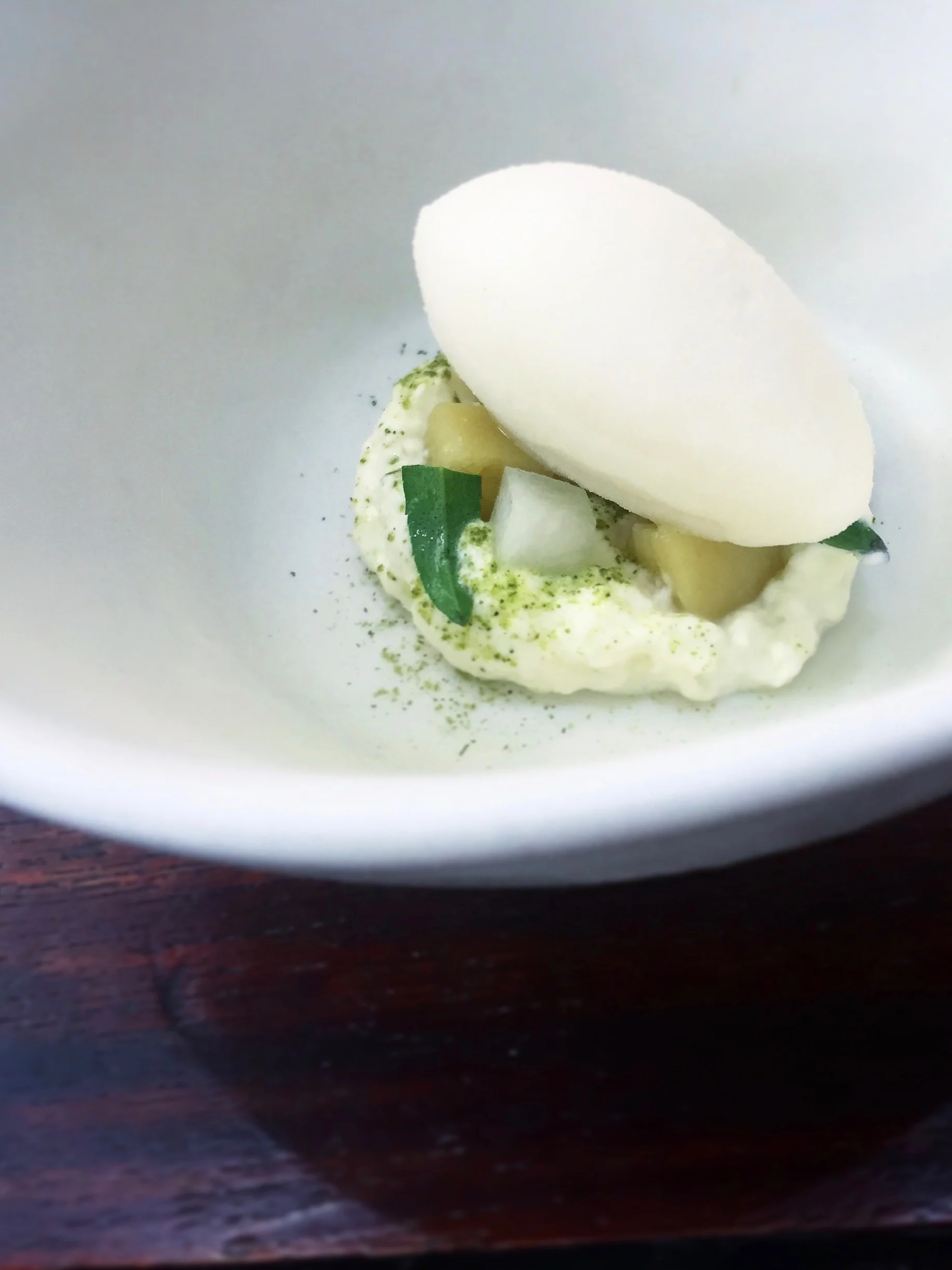 Canary Melon Sorbet. Cherve. Almond