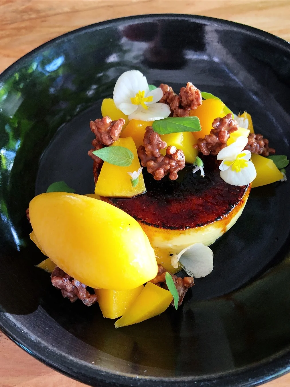 Rum Creme Brûlée, mango, rice, milk chocolate.