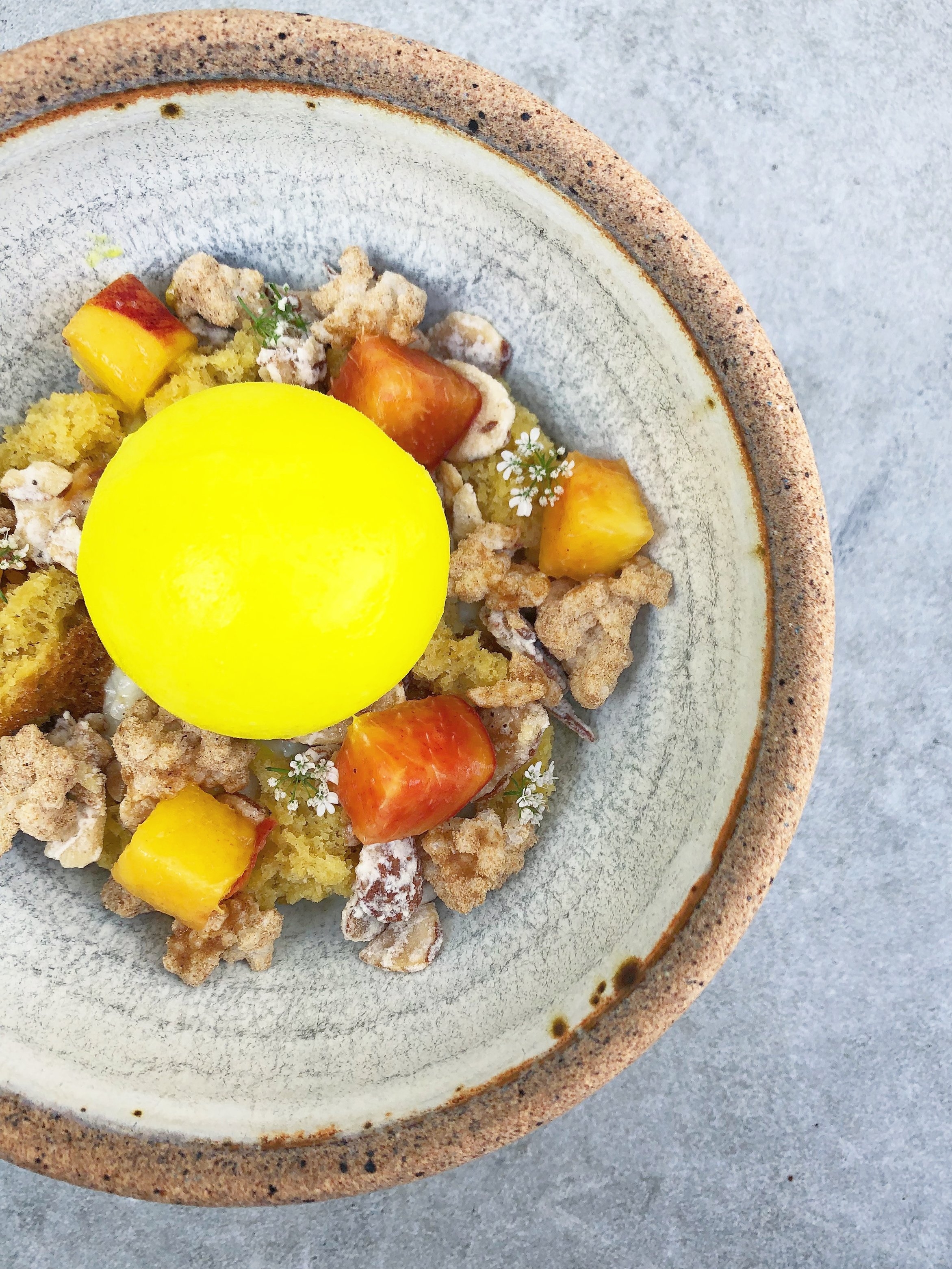Parsnip Rice Pudding, turmeric, almond, peach.