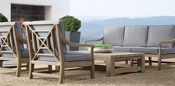 one sofa, two arm chairs, one coffee table two side tables. one 60" round table and 6 side dining chairs.