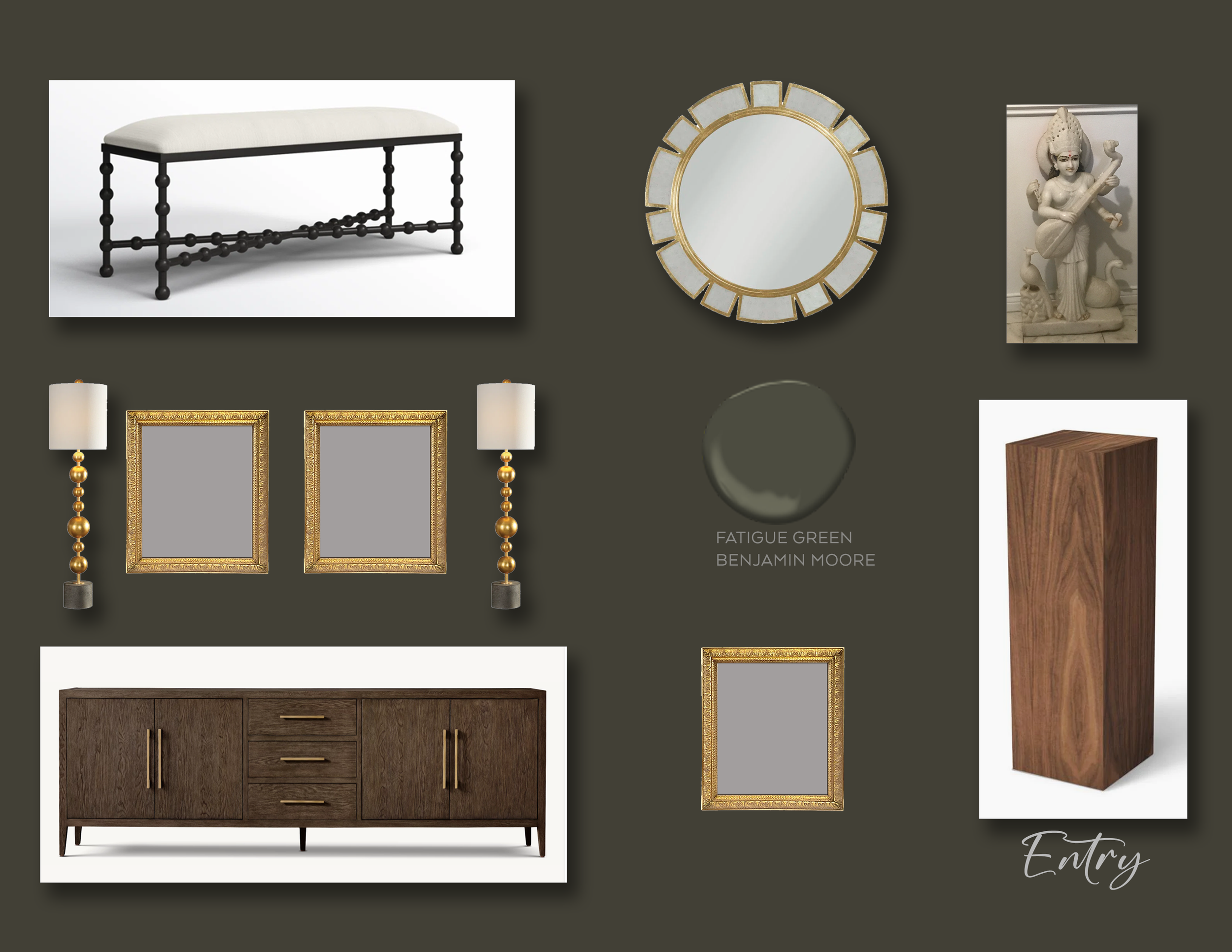 colors and furniture for an entry hall with modern and traditional elements