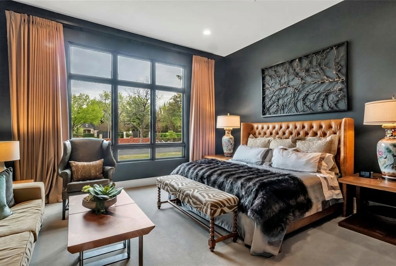 Bedroom with tan leather bed, Sherwin-Williams paint, seating area, custom lamps
