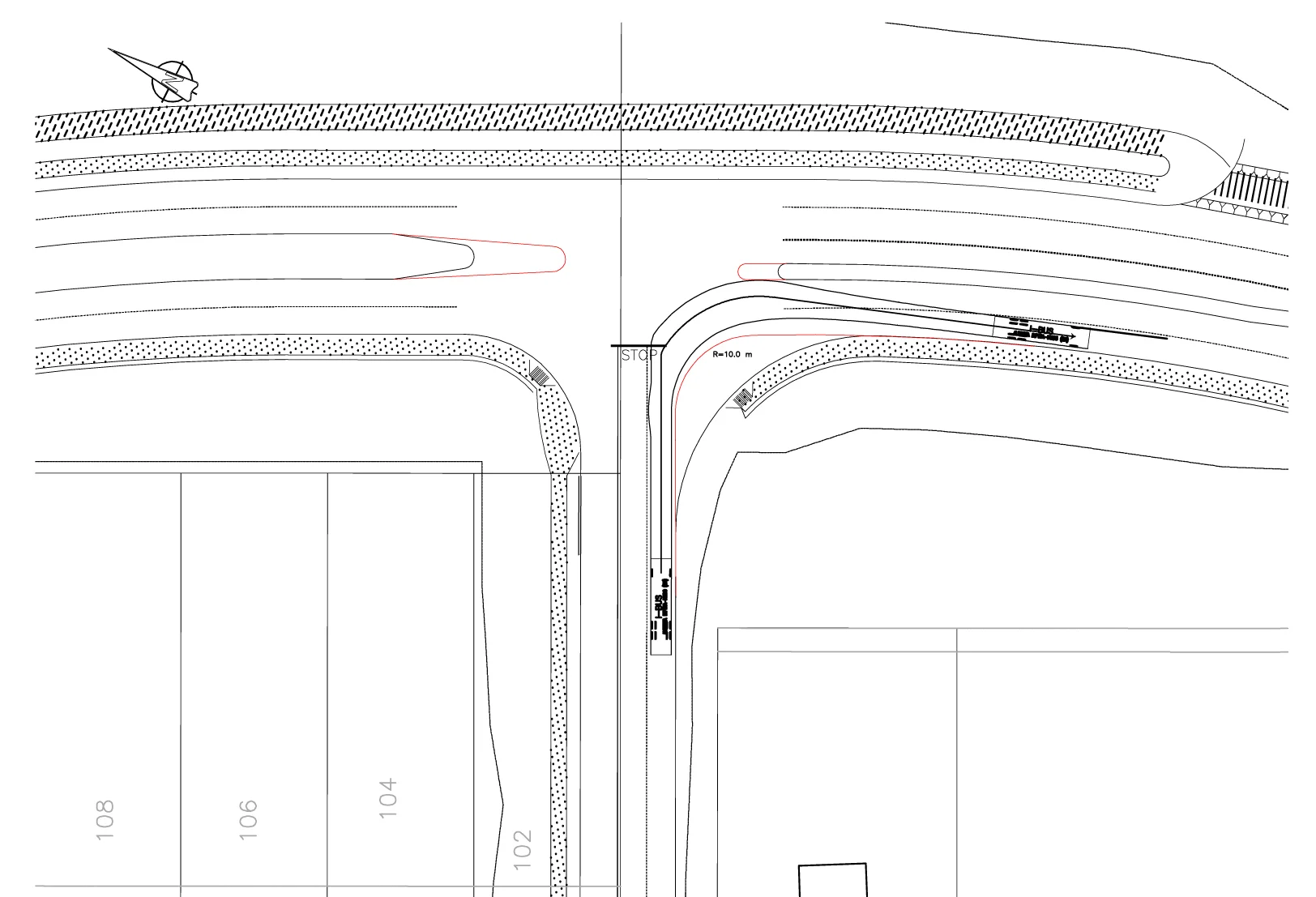 An expert solves the problem of the turning radius of a transit bus at an urban street intersection at the expense of economic development and other modes of travel. The red lines indicate the location of the curbs as initially designed by the urban design team. The new curbs (in black) represent the engineers proposed solution.