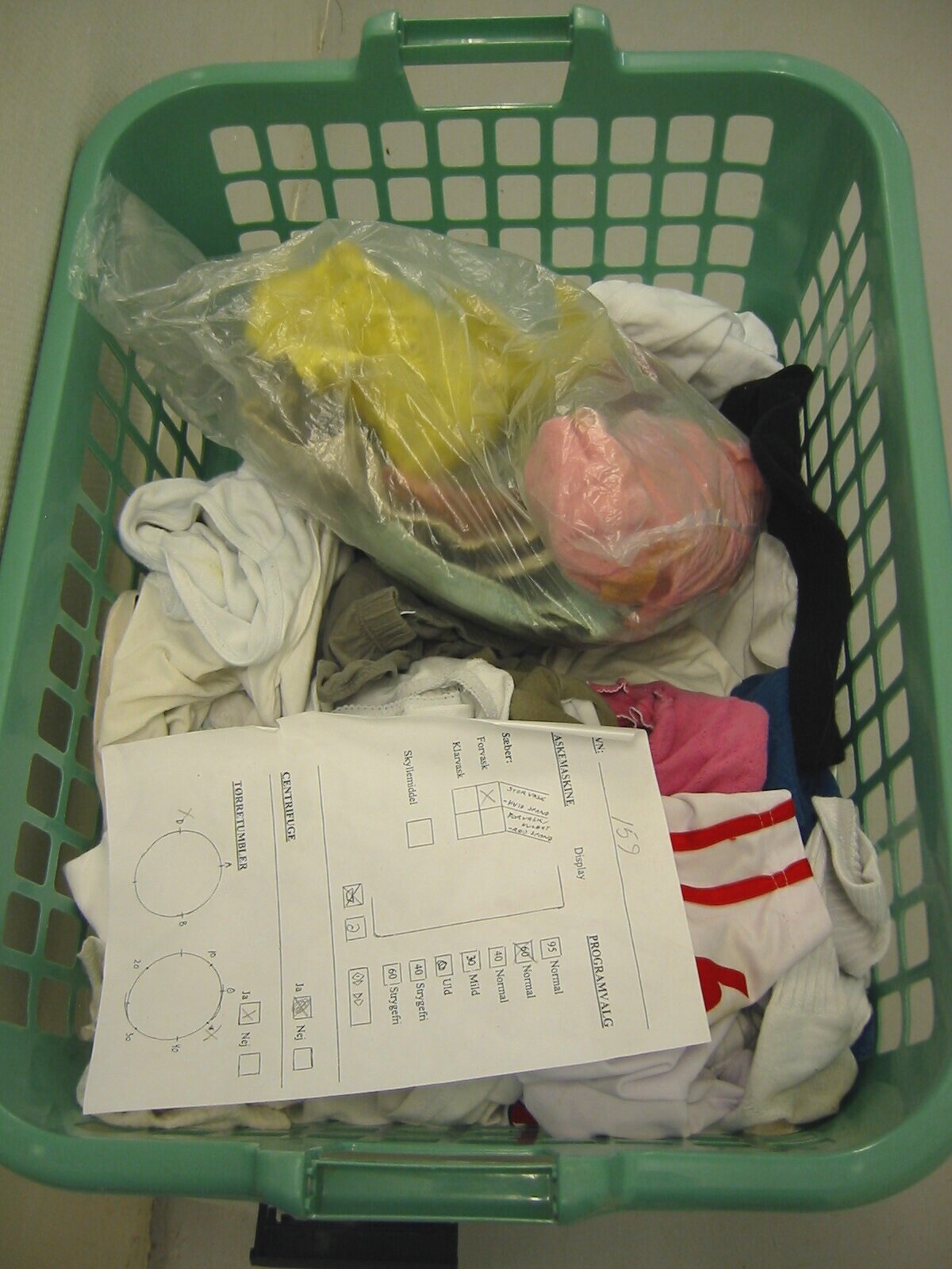 Wash instructions left in basket  at Klien