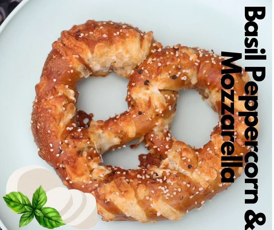 If you haven't tried the Basil Peppercorn &amp; Mozzarella Pretzel, then you're going to want to stop in and try it this weekend! This is one of our favorite pretzels and we know you're going to love it too! Can't wait to see you! 💓🥨