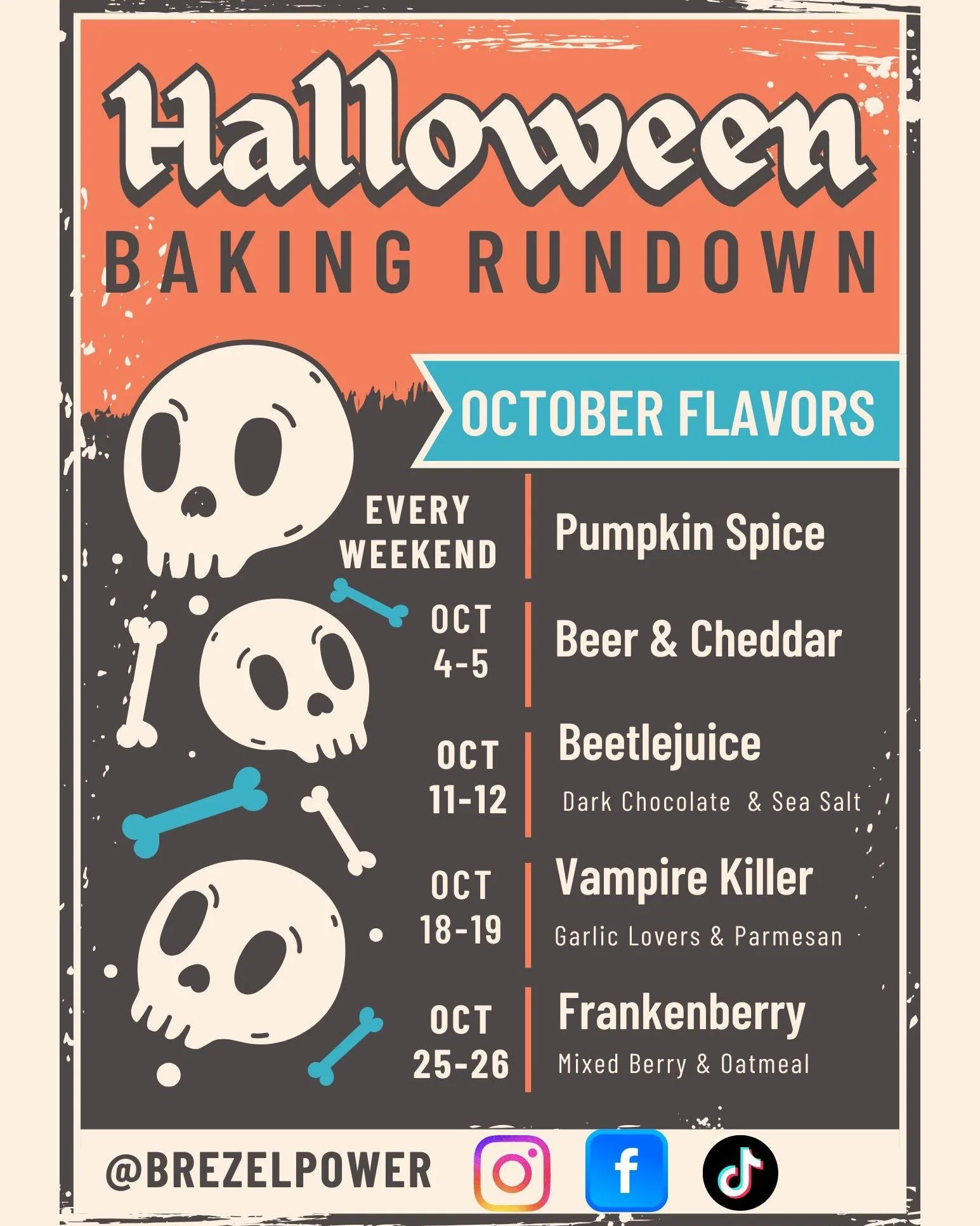 Spooky season is here and we&rsquo;re baking up a storm! 🎃🧡

October weekends here are looking extra fun (and just a little spooky 👻) with some of your favorite flavors getting Halloween makeovers. Yes, Pumpkin Spice pretzels will be around every 