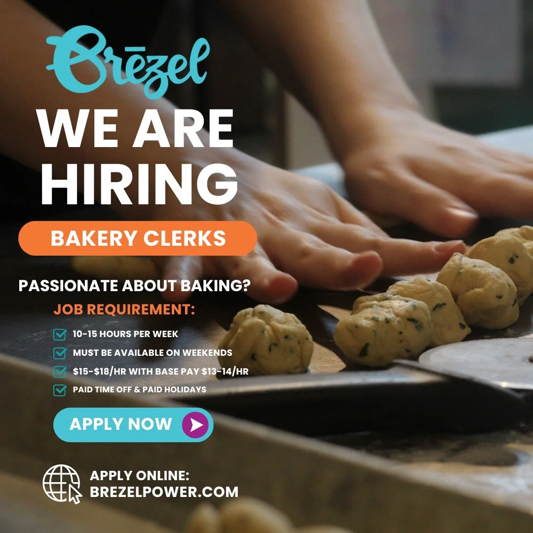 ✨ WE'RE HIRING!

Looking for a fun, fast-paced job where you can meet great people and be part of a small business that truly cares about YOU? Brezel is hiring Part-Time Bakery Clerks in Columbus, OH! No baking experience required&mdash;just bring yo