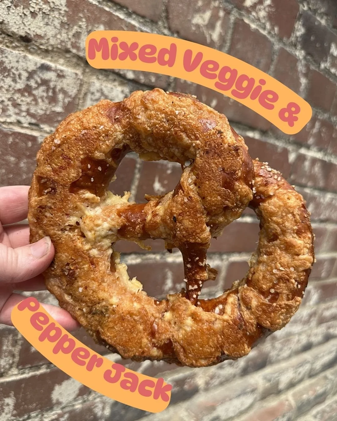 🥕🧀 Mixed Veggie &amp; Pepper Jack Pretzel

We pack this pretzel with a blend of fresh carrots, celery, onion, bell peppers, and garlic mixed right into the dough, then top it off with melty pepper jack cheese for the perfect savory bite.

It pairs 