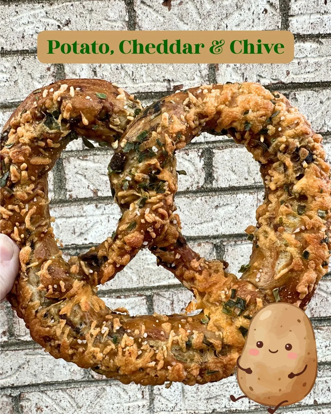 🥔🧀 Potato, Cheddar &amp; Chive Pretzel

We slow roast shredded potatoes and fold them right into our dough, then top it with melty cheddar cheese and a sprinkle of dried chives. It&rsquo;s cozy, savory, and everything you want in a comfort pretzel.