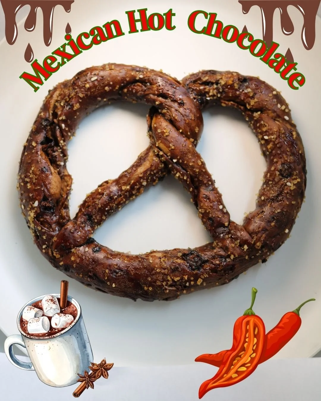 🍫🌶️🥨 Mexican Hot Chocolate 

Just in time for Cinco de Mayo, we&rsquo;re bringing the sweet heat! This pretzel is made with our house-made hot cocoa mix and a touch of cumin for that warm, spicy kick, all mixed right into the dough.

It&rsquo;s ri