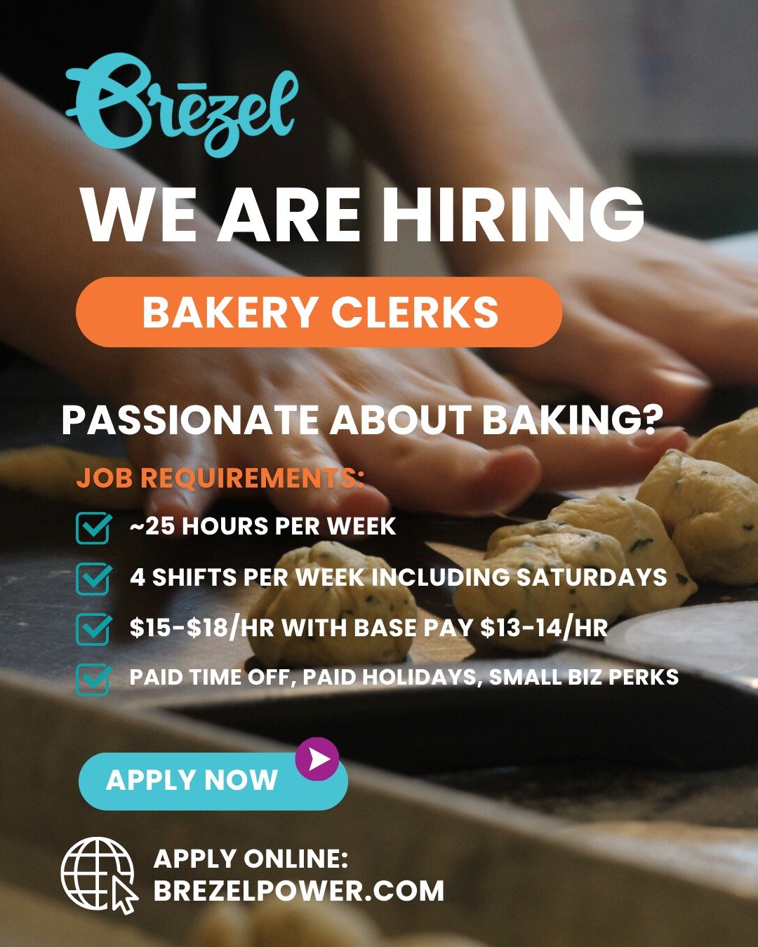 WE'RE HIRING!

Looking for a fun, fast-paced job where you can meet great people and be part of a small business that truly cares about YOU? Brezel is hiring Bakery Clerks in Columbus, OH! No baking experience required&mdash;just bring your bubbly pe
