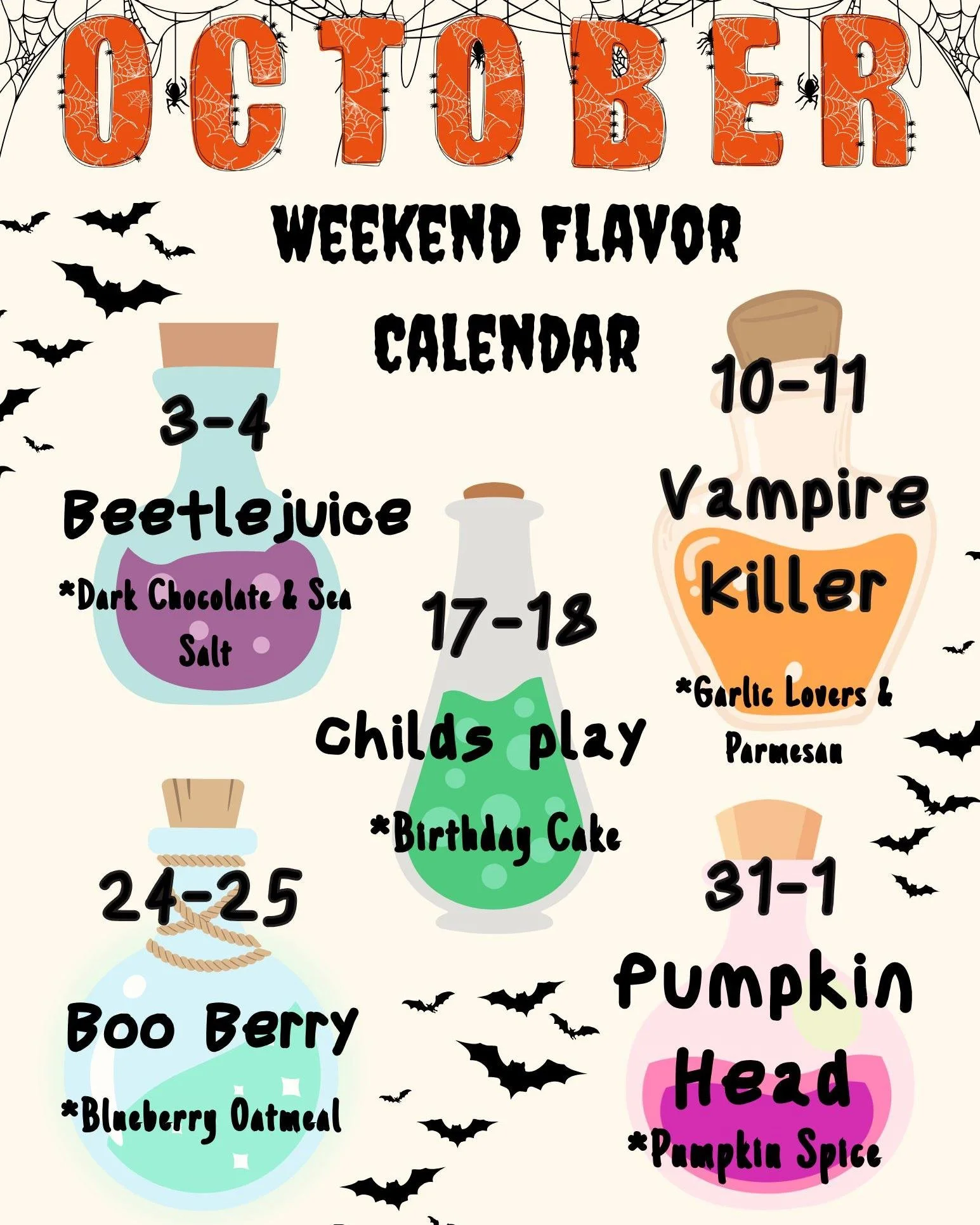 🧪🥨 Something wicked is brewing...

We&rsquo;ve mixed up magical potions for weekend flavors this October, and this month&rsquo;s lineup is looking scary good! 🔮✨ From sweet spells to savory concoctions, there&rsquo;s a new flavor bubbling up every