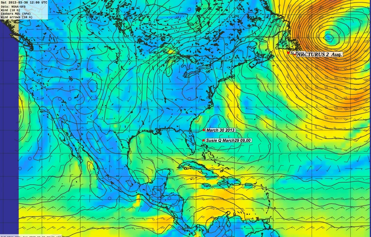 Susie Q 30 March 2013, 09.00 local time: 30˚ 00' N / 078˚ 0'W 