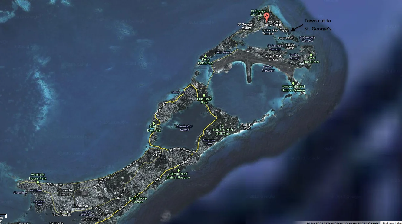 St. George's in Bermuda, the "town cut" where they will enter is marked with a small arrow