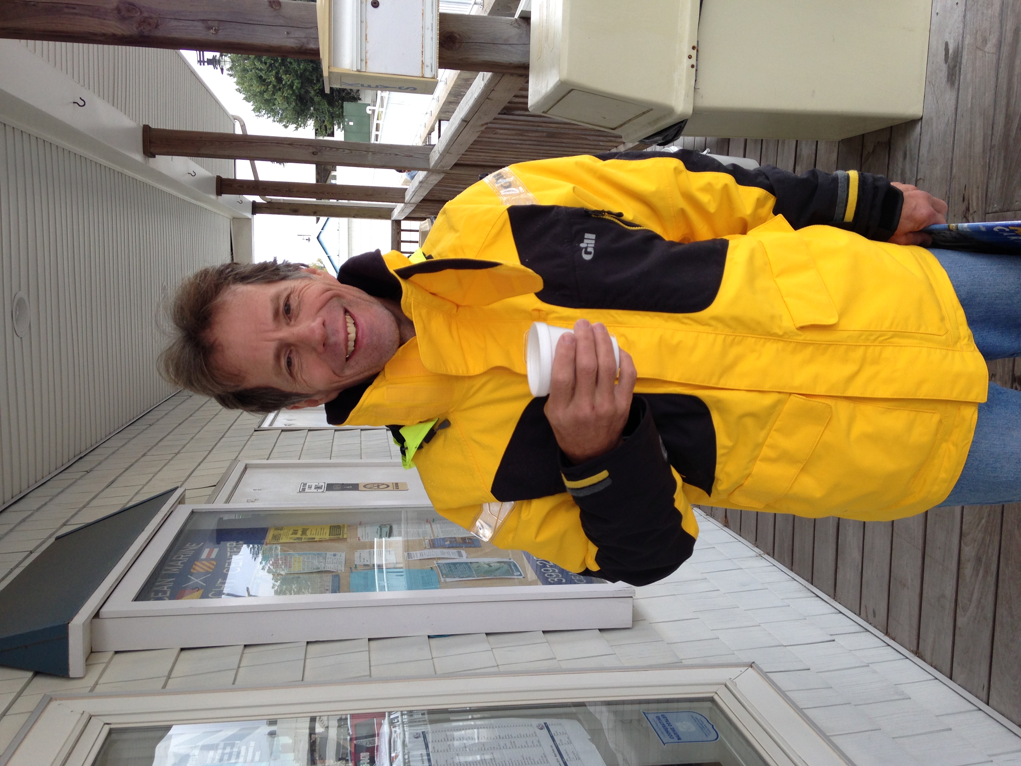Jamie Wendell from Mystic Shadow enjoying the marina's free coffee this morning.