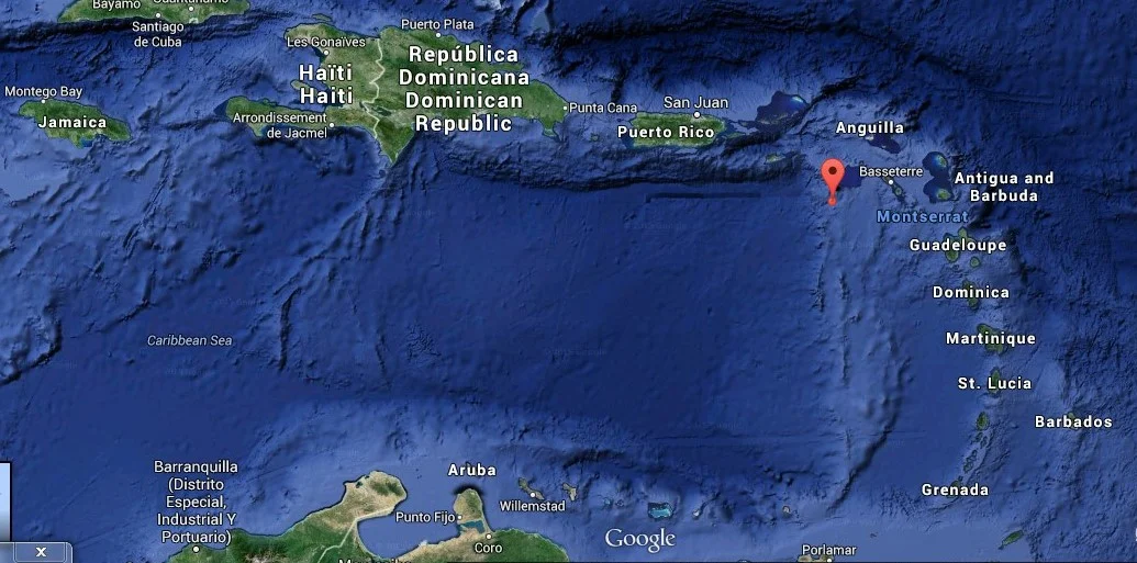 Serenity's position at 8am local time / EST. BVi where they departed are the group of islands to the right of Puerto Rico.