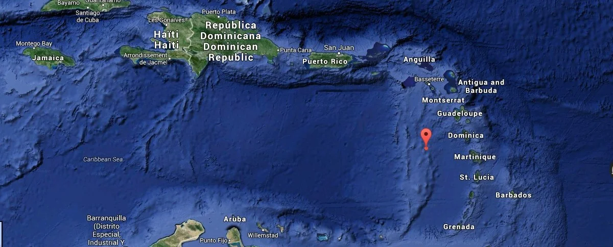 Serenity 2015.02.17, 8 am: 15°00’N 62°53’W, just west of Dominica. Serenity is the red drop on the map.