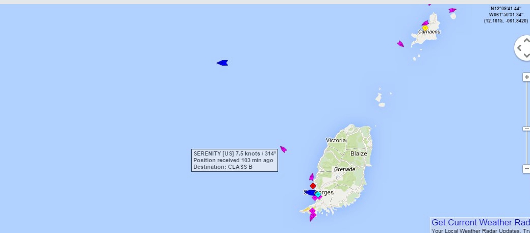 Serenity was spotted on marinetraffic.com via AIS 22 February at 13.00, three our after departing Grenada. They are the pink/purple spot next to the name box.