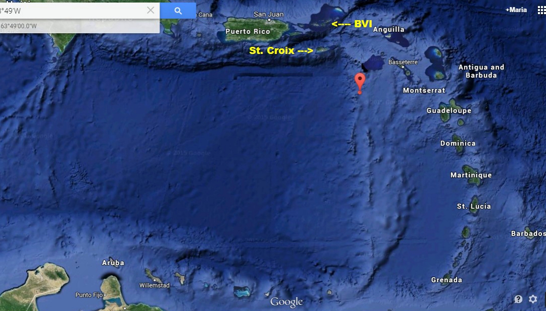 Serenity only 80 nm, from St. Croix at 9 am February 24. St. Croix and BVI is marked with yellow text on the picture, click on the photo to see it bigger.