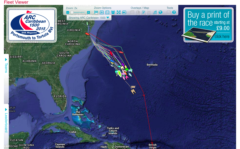 Isbjorn is the yellow icon there in the middle of the fleet, highlighted. Taken from carib1500.com .
