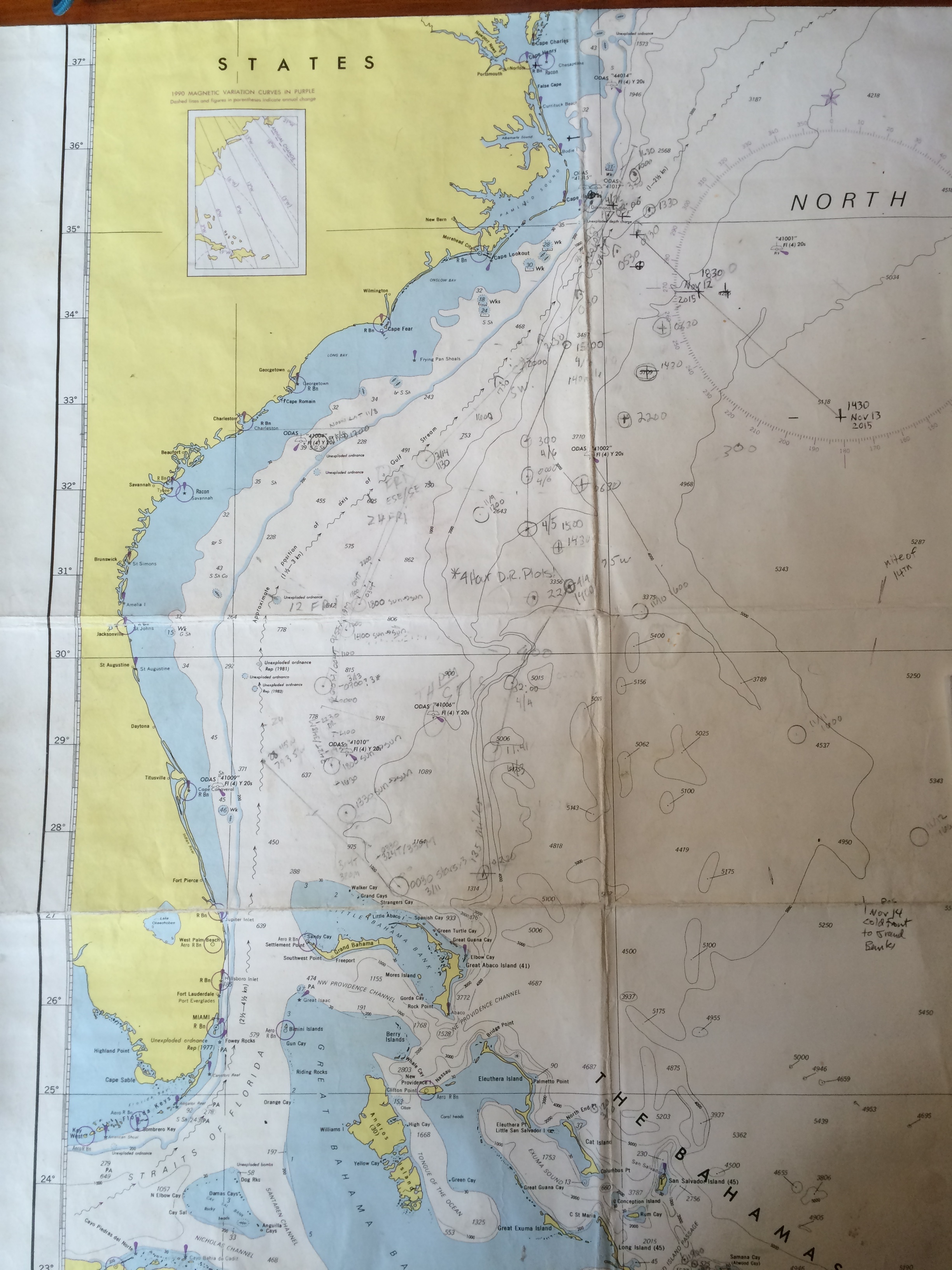 Our well-used passage chart for the route home. There's about six different passages on this one chart from over the years!