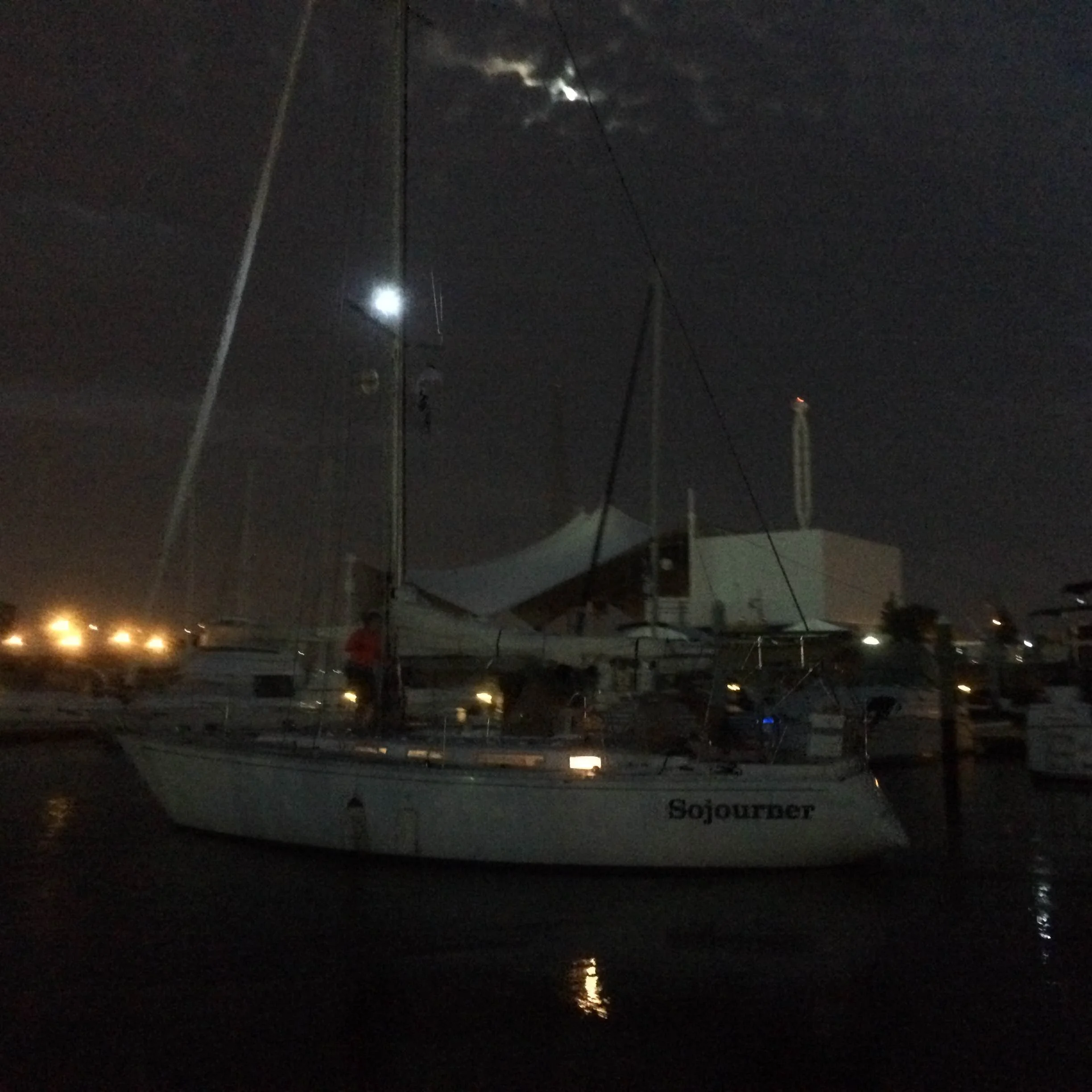 Sojourner departs Portsmouth in the pre-dawn darkness, bound offshore for Cape May.