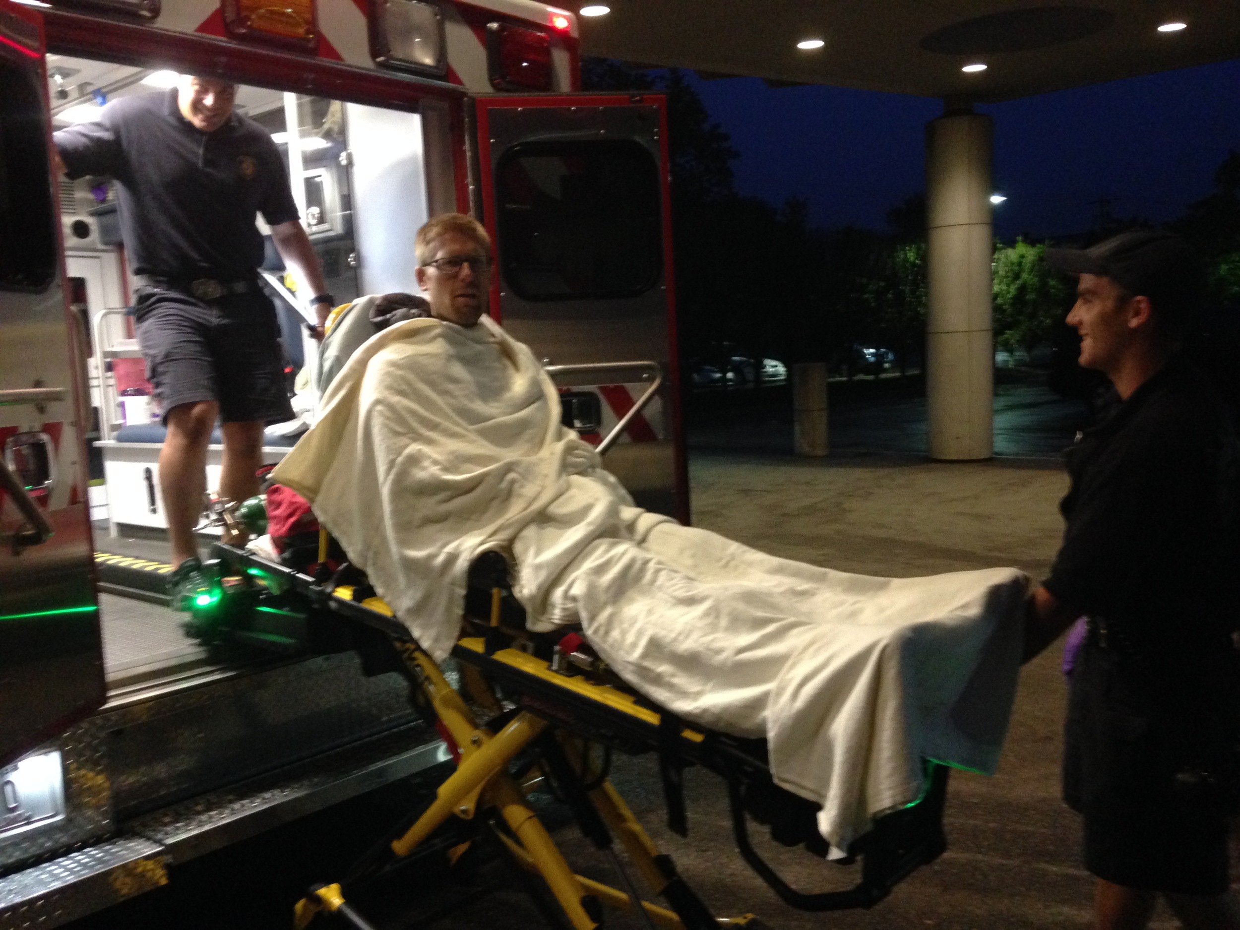 Andy getting wheeled from the ambulance into the ER at Newport Hospital at 0500 Tuesday July 5.