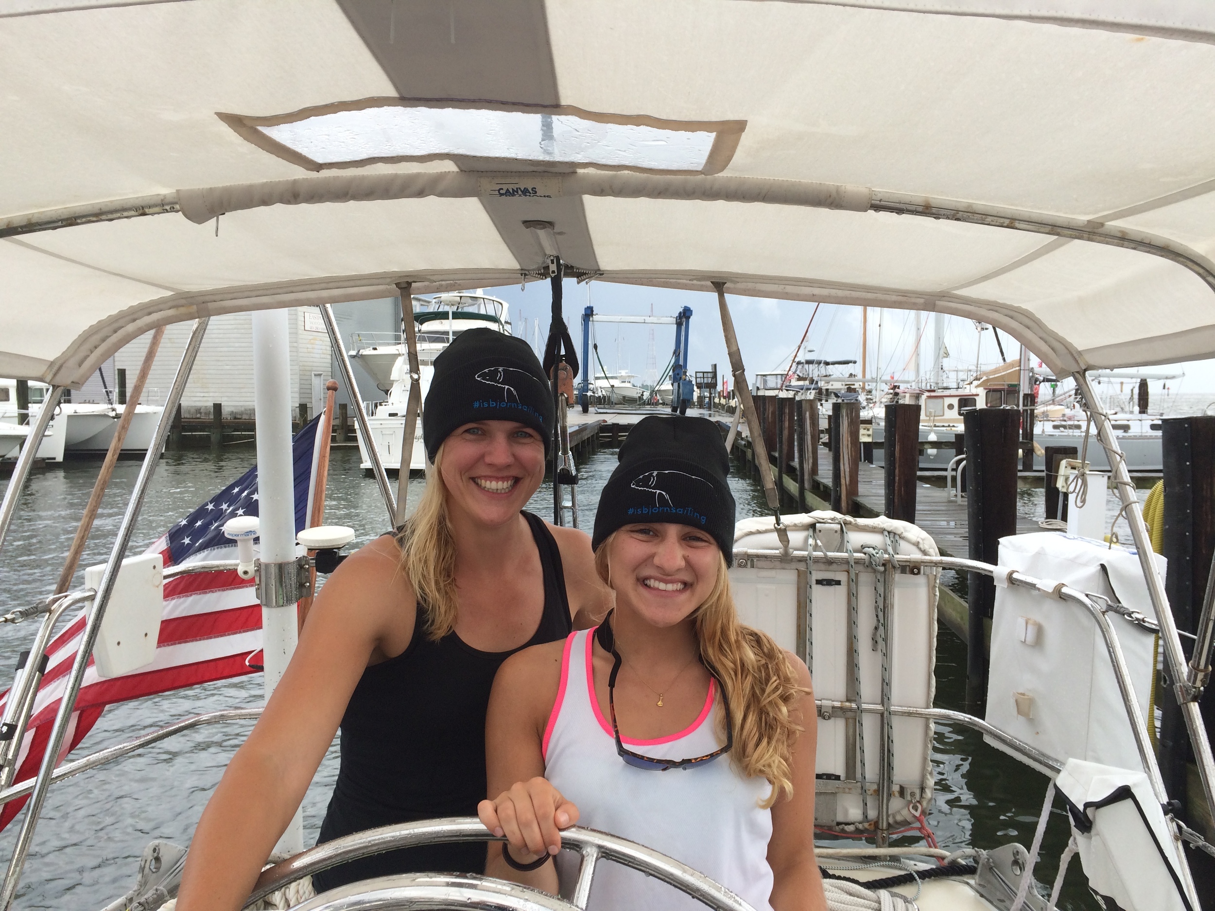 Mia & Liz modeling the new #isbjornsailing beanies prior to departure in Annapolis!