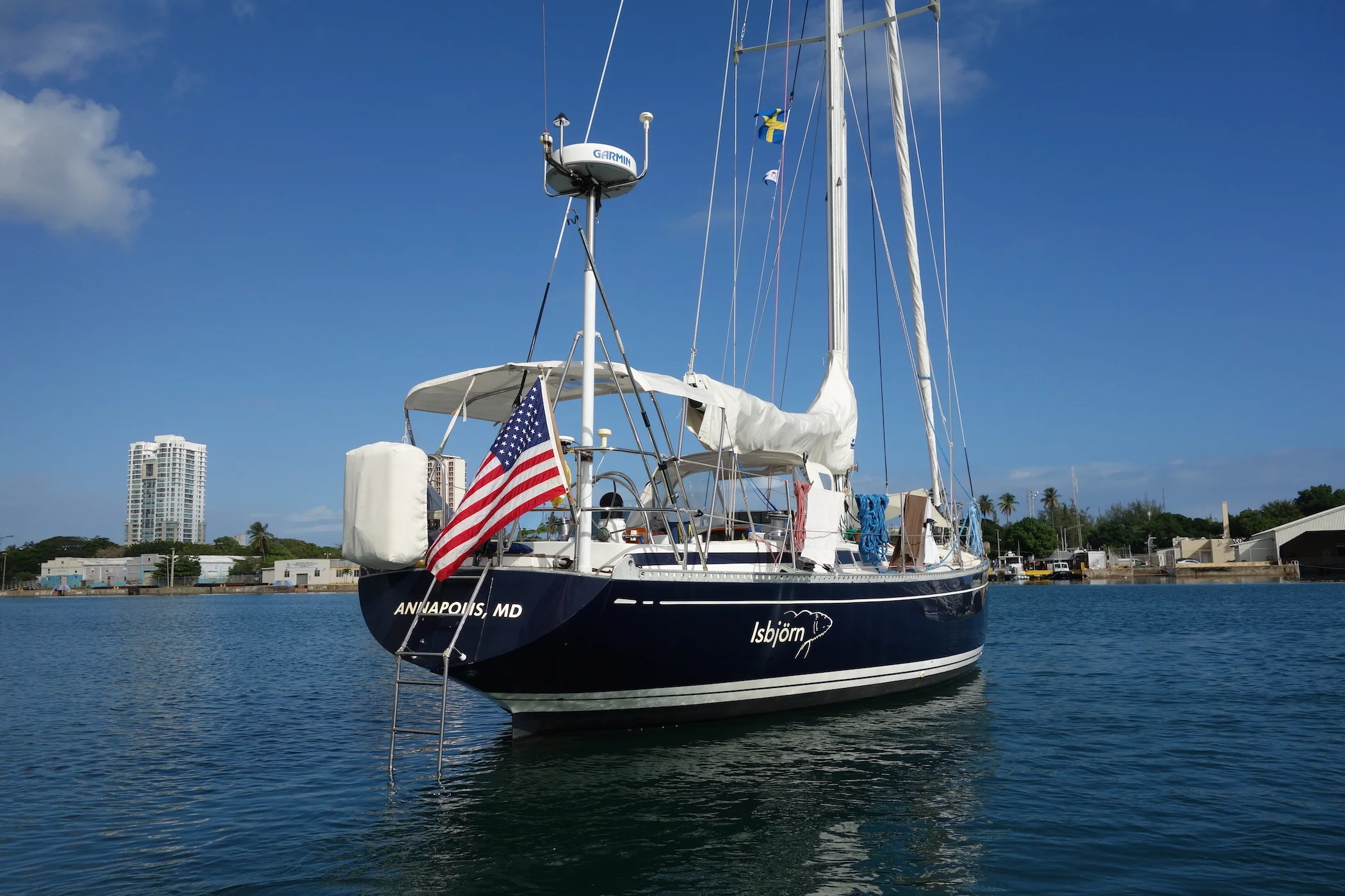 Isbjorn anchored in the harbor of San Juan, Puerto Rico.